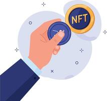 Hand holding digital coin with NFT symbol in flat minimal art style illustration vector