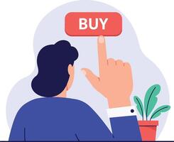 Person pointing at a red button labeled buy in a flat minimal illustration design vector