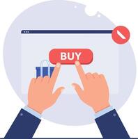 Hands pressing a red buy button on a computer screen in flat illustration style for online shopping vector