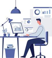 Business professional working at a desk with charts and graphs in a minimal illustration vector