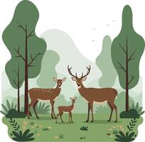 Family of deer standing in a serene forest with trees and greenery in flat illustration vector