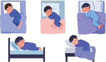 Child sleeping in various positions with flat design style showcasing movement in illustration vector