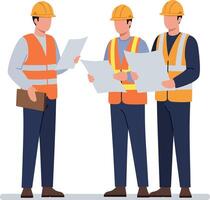 Construction workers discussing plans in a detailed flat design style illustration vector