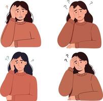 Woman showing emotional transition from confusion to concern in flat illustration with four frames of expression vector