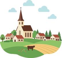 Charming rural village scene with church, fields, and cows in flat art style vector