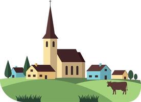 Illustration of a serene village with a church and houses in a flat design style art vector