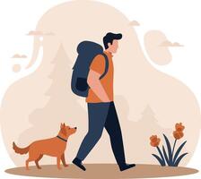 Man walking with dog in nature surrounded by flowers in a flat art style vector