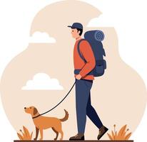 Man walking a dog with a backpack in a nature setting, flat design illustration vector