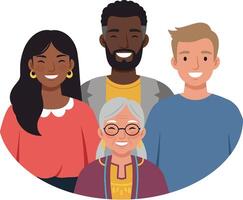 Group of diverse people smiling together in flat style illustration showcasing unity and friendship in modern design vector