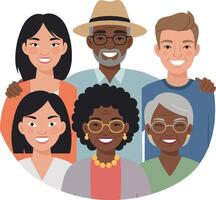 Group of diverse individuals smiling together in a flat, minimal design style illustration vector