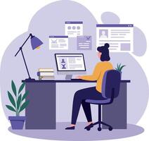 Woman working at a desk with computer and plant in a flat digital illustration vector