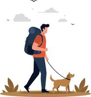 Man walking with a dog in a natural setting, flat design style, vibrant colors, illustration vector