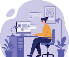Person working at a desk with computer in a minimal flat design illustration vector