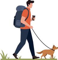 Man with backpack and dog enjoying outdoor adventure in flat illustration style vector