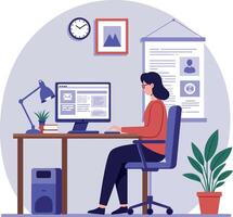 Woman working at a desk with computer and plants in a flat illustration vector