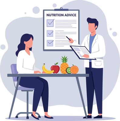 Nutrition advice consultation scene with fruits, minimal design style, health-focused illustration