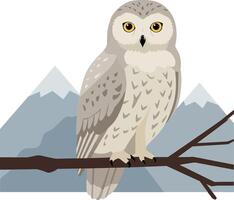 Snowy owl perched on a branch with mountains in the background, flat design art vector
