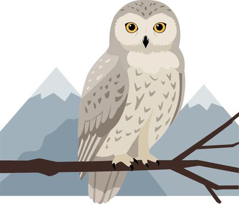 Snowy owl perched on a branch with mountains in the background, flat design art