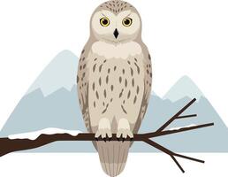 Owl perched on branch with stylized mountains in the background, flat design illustration vector