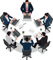 Team members collaborating around a circular table in a flat illustration vector