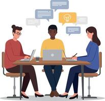 Three professionals collaborating at a table in a flat style illustration with speech bubbles above them vector