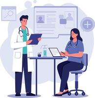 Medical professionals collaborating in a flat design with digital tools in a healthcare setting illustration vector
