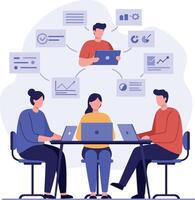 Team collaboration in a modern office setting with flat design elements and digital analytics - illustration vector