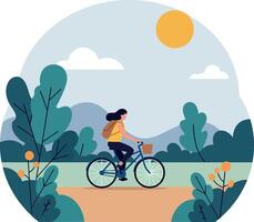 Woman riding bicycle in a serene landscape with flat design elements and bright colors, illustration vector