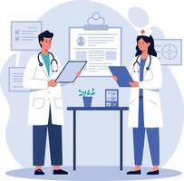 Two medical professionals discussing patient information in a minimal flat design illustration vector