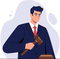 Judge in formal attire raising gavel with confidence in flat art illustration vector