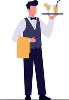 Waiter in formal attire presenting drinks on a tray in a minimal flat illustration vector