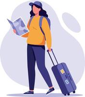 Female traveler with a suitcase reading a map in a flat illustration vector