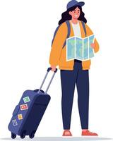 Woman with suitcase looking at map in detailed flat illustration of travel adventure vector