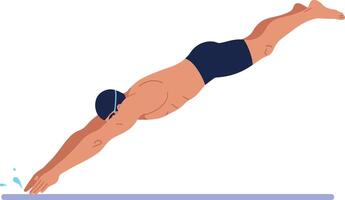 Swimmer diving into water with dynamic pose in flat minimal vector