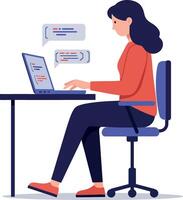 Woman sitting at desk using laptop with chat bubbles in flat minimal art vector