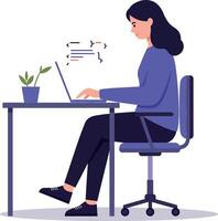 Woman working on laptop at desk in flat minimal art style with plant and modern design elements vector