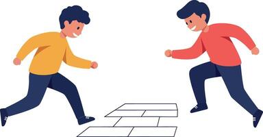 Two children playing a hopscotch game in a bright and colorful flat art vector