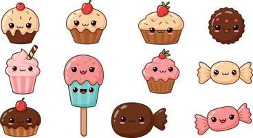 Cute dessert characters with playful expressions in flat design style art vector