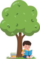 Boy reading under a large green tree in a flat, colorful style illustration vector