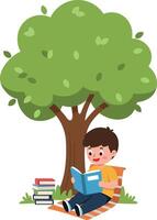 Child reading a book under a tree in a flat and colorful style illustration vector
