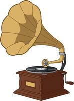 Antique gramophone with a large horn in flat design style, showcasing detailed art vector