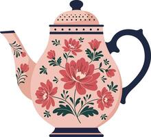 Floral teapot design with intricate patterns in flat style, showcasing beautiful colors in art vector