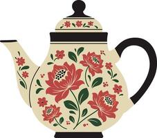 Teapot with intricate floral design in flat style showcasing vibrant colors and details in art vector