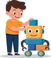 Young boy happily assembling colorful robot toy in flat illustration style showcasing creativity and playfulness art vector