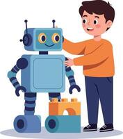 Happy child interacting with friendly robot in minimal flat design illustration vector