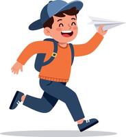 Happy child running with paper airplane in bright colors, flat design illustration vector
