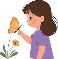 Girl interacting with butterfly in a colorful flat style illustration vector