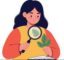 Person examining a leaf with a magnifying glass in a flat and colorful art style vector