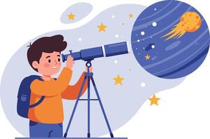 Young boy observing the stars through a telescope in a flat illustration style of art vector