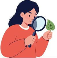 Person examining a green leaf with a magnifying glass in flat art style vector